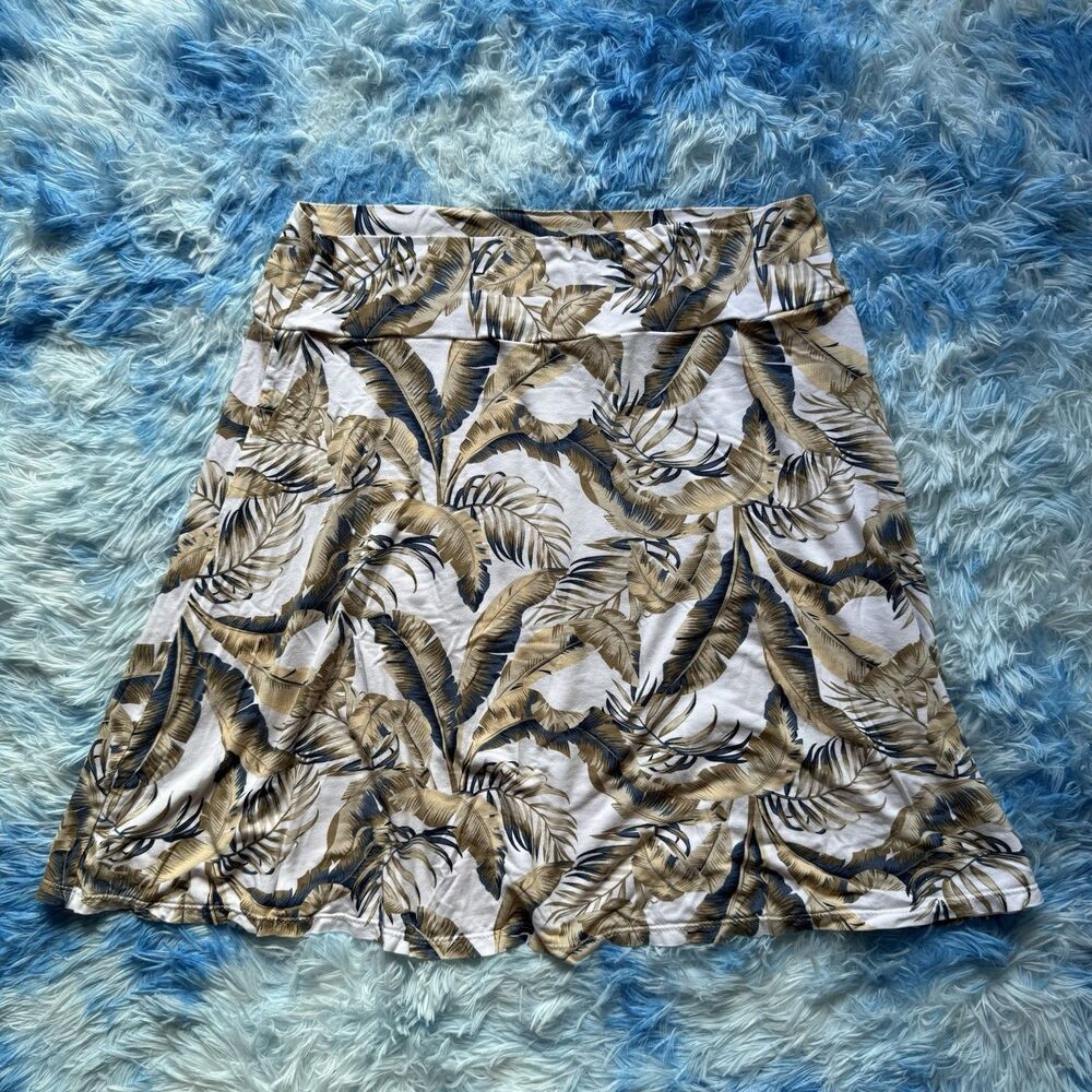 Zen-Knits Tropical Leaf Print Skirt XL White Brown Navy Pull-On